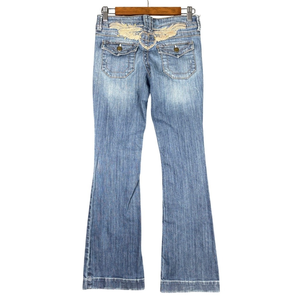 DeCoded Womens Low Rise Flare Jeans Embroidered Wings Heart Size 3 Y2K Grunge